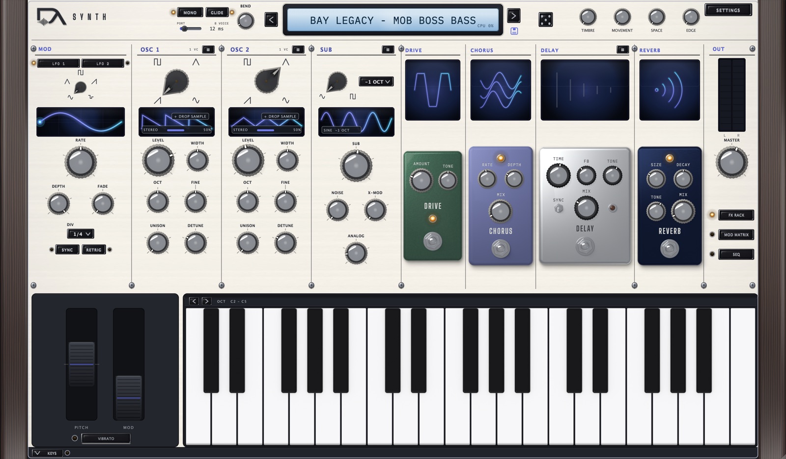 The DeAnalog Synth panel with the FX rack open: drive, chorus, delay and reverb pedals