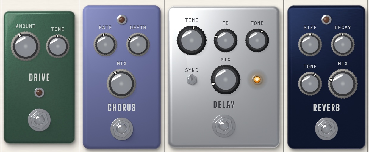 The four FX pedal enclosures at 2× — drive, chorus, delay and reverb, each a separate rendered enclosure