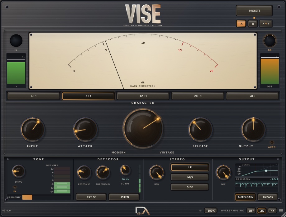 The Vise panel: a large backlit meter above compression controls in gunmetal and amber.