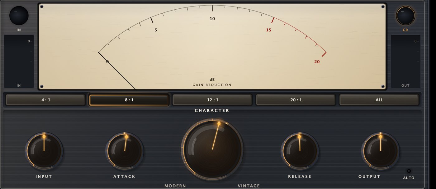 The hero row: INPUT, ATTACK, CHARACTER, RELEASE, OUTPUT, under the gain-reduction meter and the ratio strip.